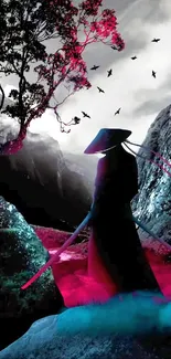 Mysterious samurai in vibrant landscape with red and blue accents.