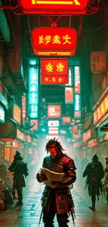 Samurai with neon lights in urban street scene.