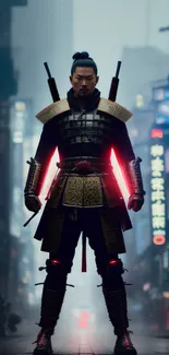 Samurai standing in a neon-lit cityscape.