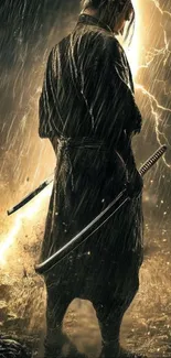 Samurai standing in the rain with a katana and lightning in the background.