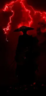 Silhouetted samurai under red lightning sky.