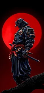 Samurai silhouetted against a full red moon.