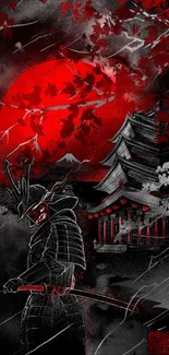 Samurai standing under a red moon in traditional Japanese setting.