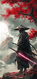 Samurai with glowing katana beneath a red blossom tree.