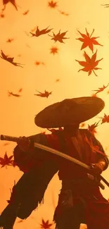 Samurai silhouette with maple leaves in orange backdrop.