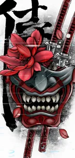 Samurai mask with swords and red flowers wallpaper.