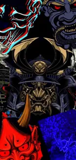 Samurai mask artwork with vibrant colors and Japanese designs.