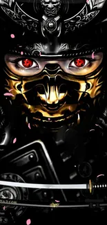 Samurai mask with red eyes and gold accents on a black background mobile wallpaper.