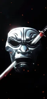 Samurai mask with sword on dark background, vibrant and fierce.