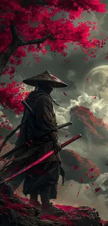 Samurai under moonlight with red leaves in fantasy art.