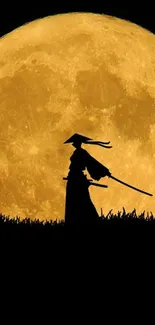 Samurai silhouette against a golden full moon at night.