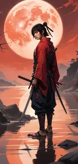 Samurai stands by a moonlit lake with vivid red and orange hues.