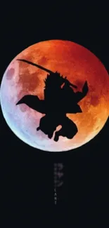 Samurai silhouette with sword against a colorful moon backdrop on a dark mobile wallpaper.