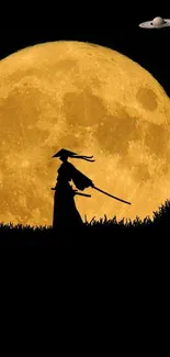 Samurai silhouette against a full moon with Saturn in the night sky.