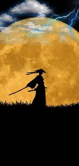 Samurai silhouetted against a full moon with lightning in a dramatic night sky.