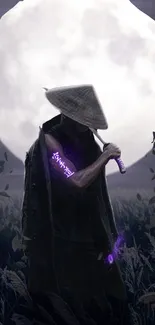 Samurai in silhouette against a full moon, with a mysterious purple glow.