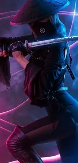 Samurai with neon lights in a dynamic pose.