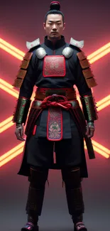 Samurai warrior stands with neon lights behind.