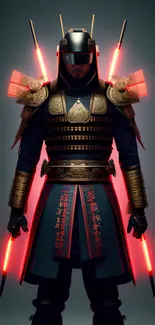 Samurai in futuristic armor with neon red lights.