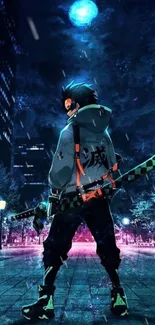 Anime samurai in neon-lit night cityscape.