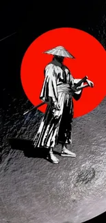 Samurai standing on moon with red sun backdrop.