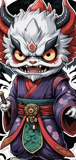 Illustrated samurai Oni character in vibrant traditional attire.