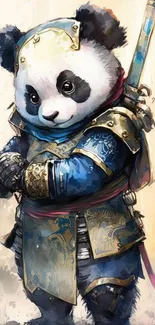 Samurai panda in blue armor mobile wallpaper.