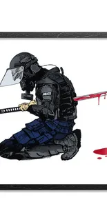 Artwork of kneeling armored figure with katana in minimalist style.