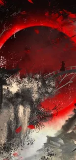 Samurai silhouette under red moon art wallpaper.