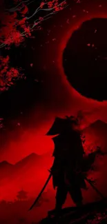 Samurai silhouetted against a vibrant red moon with Japanese artistic details.