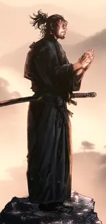 Samurai on mountain peak at sunset.