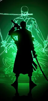 Samurai silhouette with green aura glow.