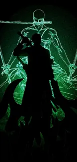 Green shadow samurai wallpaper with vibrant dark tones.