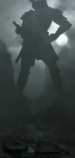 Samurai silhouette stands tall beside moon.