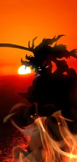 Silhouetted samurai with fiery sunset and flames.