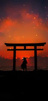 Samurai silhouette against fiery sunset by a Torii gate.