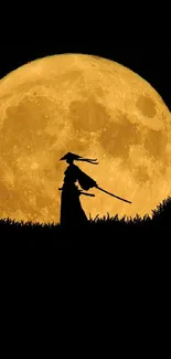 Samurai silhouette against full moon on a dark backdrop.