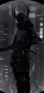 Samurai silhouette standing before a futuristic cityscape at night.