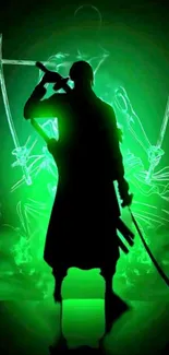 Samurai silhouette with glowing green swords.