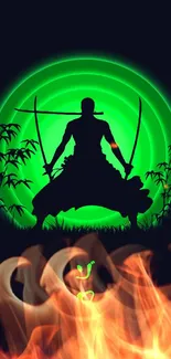 Silhouette of samurai with swords, glowing green background.