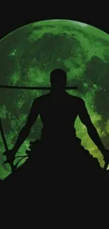 Samurai silhouette with green moon in background.