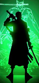 Samurai silhouette with neon green background.