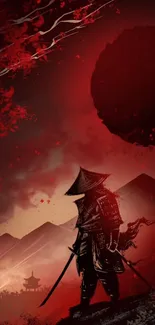 Samurai silhouette on a dark red background with mystic scenery.