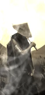 Samurai silhouette against a glowing sun.