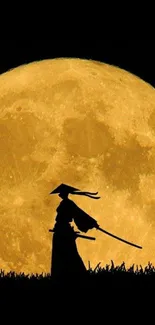 Samurai silhouette against full golden moon scene.