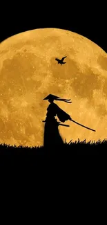 Samurai silhouette with a golden full moon in the background on a mobile wallpaper.