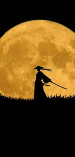 Silhouette of a samurai with a sword against a large glowing moon backdrop.