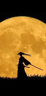 Silhouette of a samurai against a large yellow moon background.