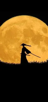 Samurai silhouette against a large full moon in a night sky.