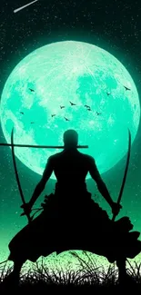 Samurai silhouette stands under a glowing full moon in artistic wallpaper.